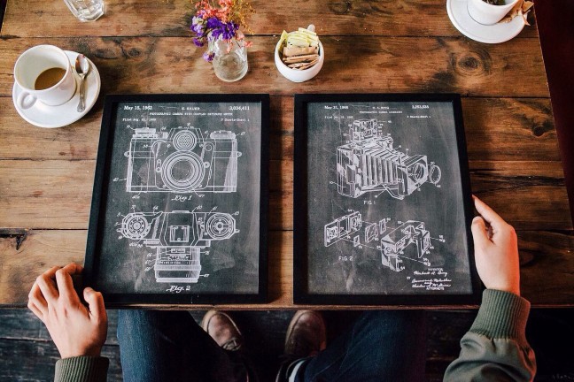 PatentPrints' camera patent posters. ($6–$40, depending on size and frame)