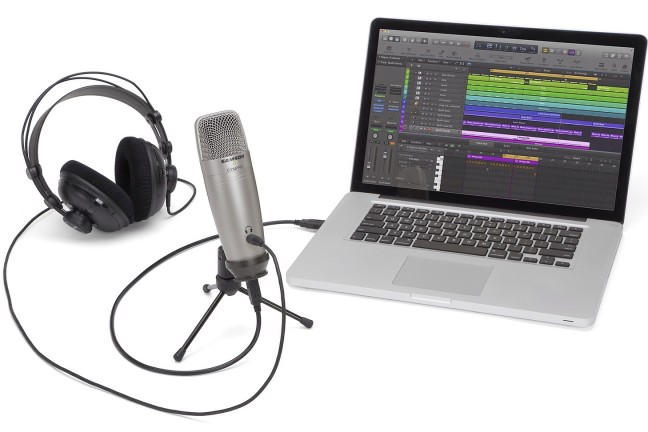 The Samson C01U Pro USB Condenser Microphone (pictured with MacBook, but great for iPad too). ($70)
