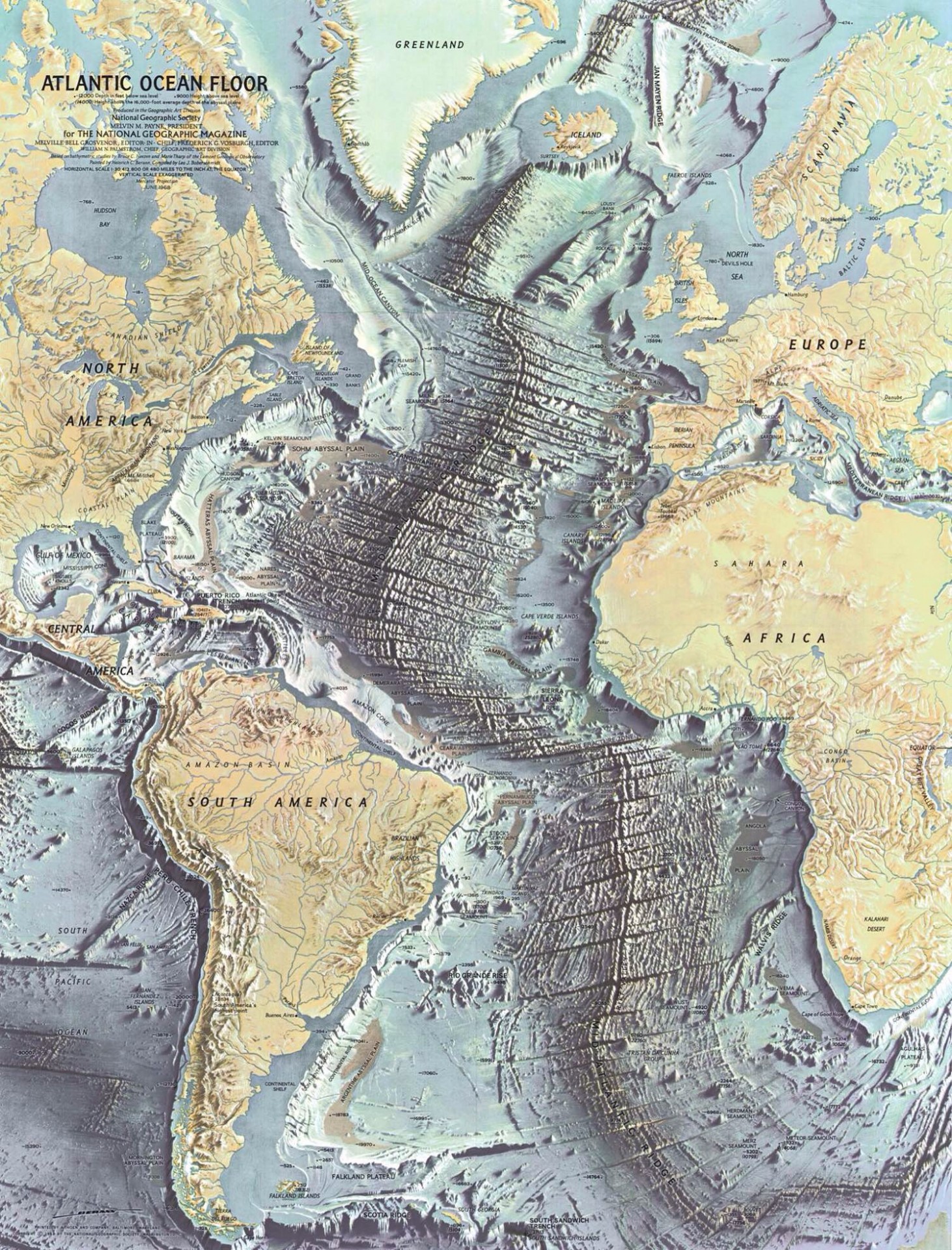 1968 map of the Atlantic Ocean floor.