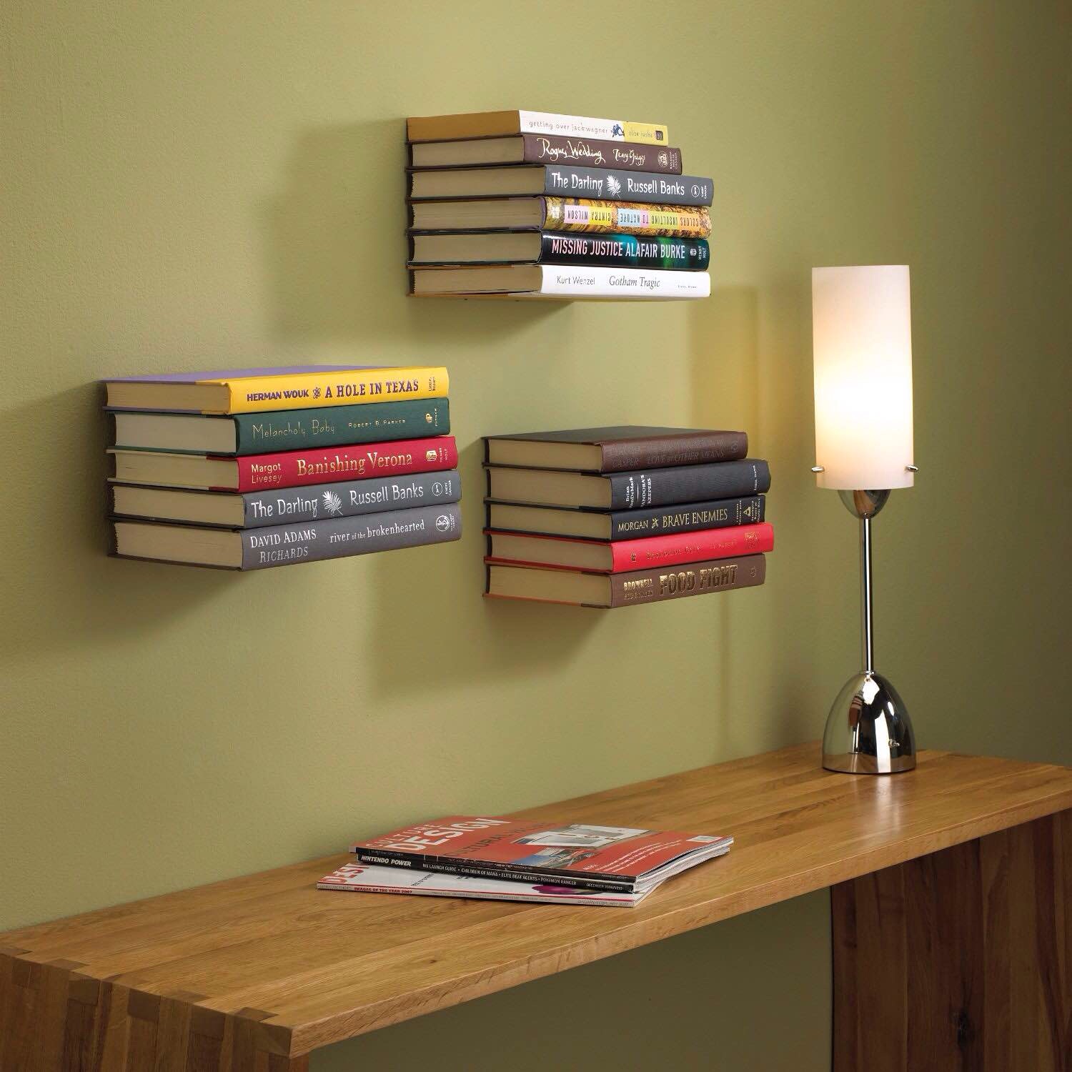 Multiple floating bookshelves creates a cool effect in any office.