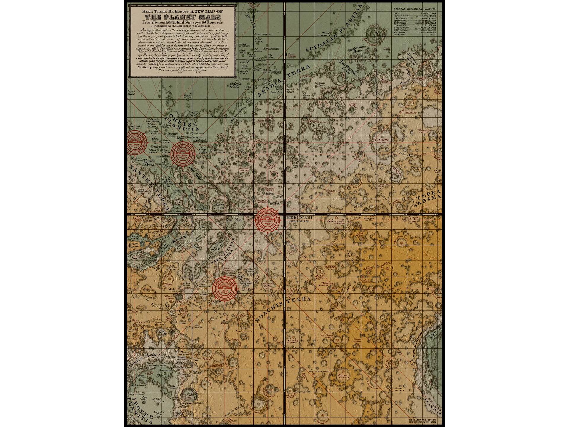 "Here There Be Robots" Victorian-style map of Mars by Eleanor Lutz. (Price varies based on item format)
