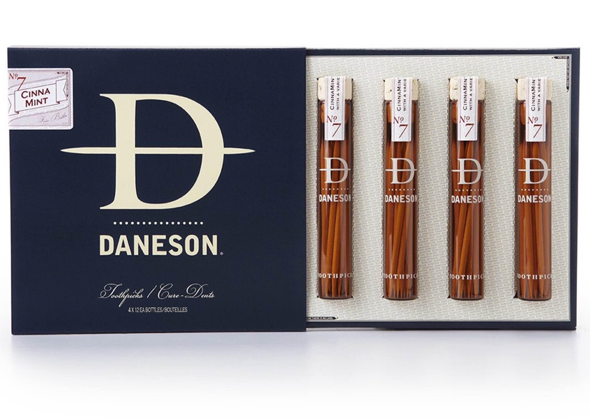Daneson's "Cinnamint No. 7" toothpicks. ($20 per 4-bottle pack, or $120 for a 24-bottle case)