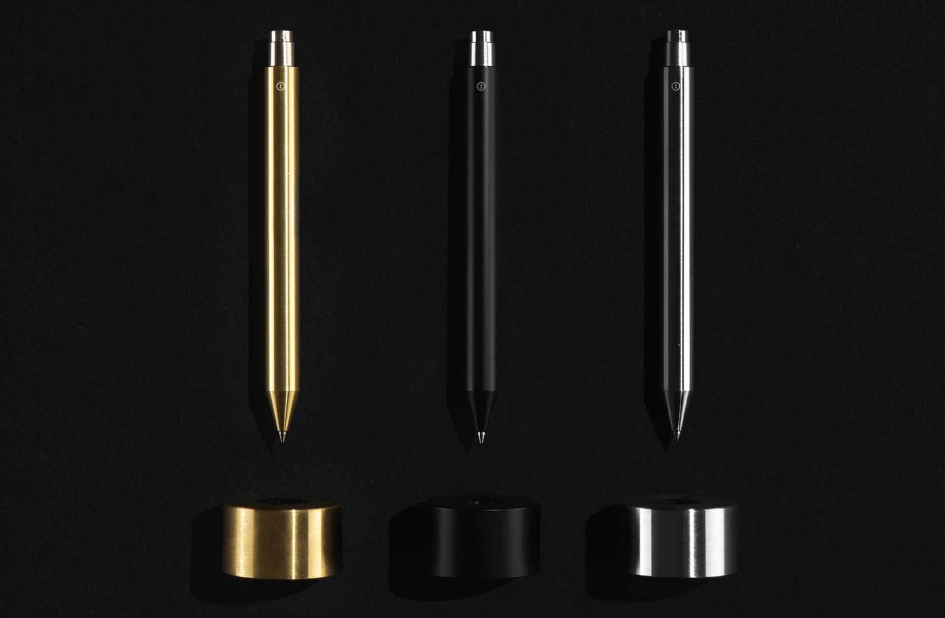 Inventery's Mechanical Pen + Stand collection. ($50–$90 per pen depending on size, and $50 per stand — all available in three colors)