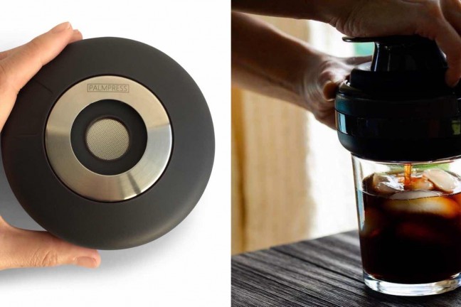 The Palmpress collapsible coffee press. ($39 in black or eggshell blue)