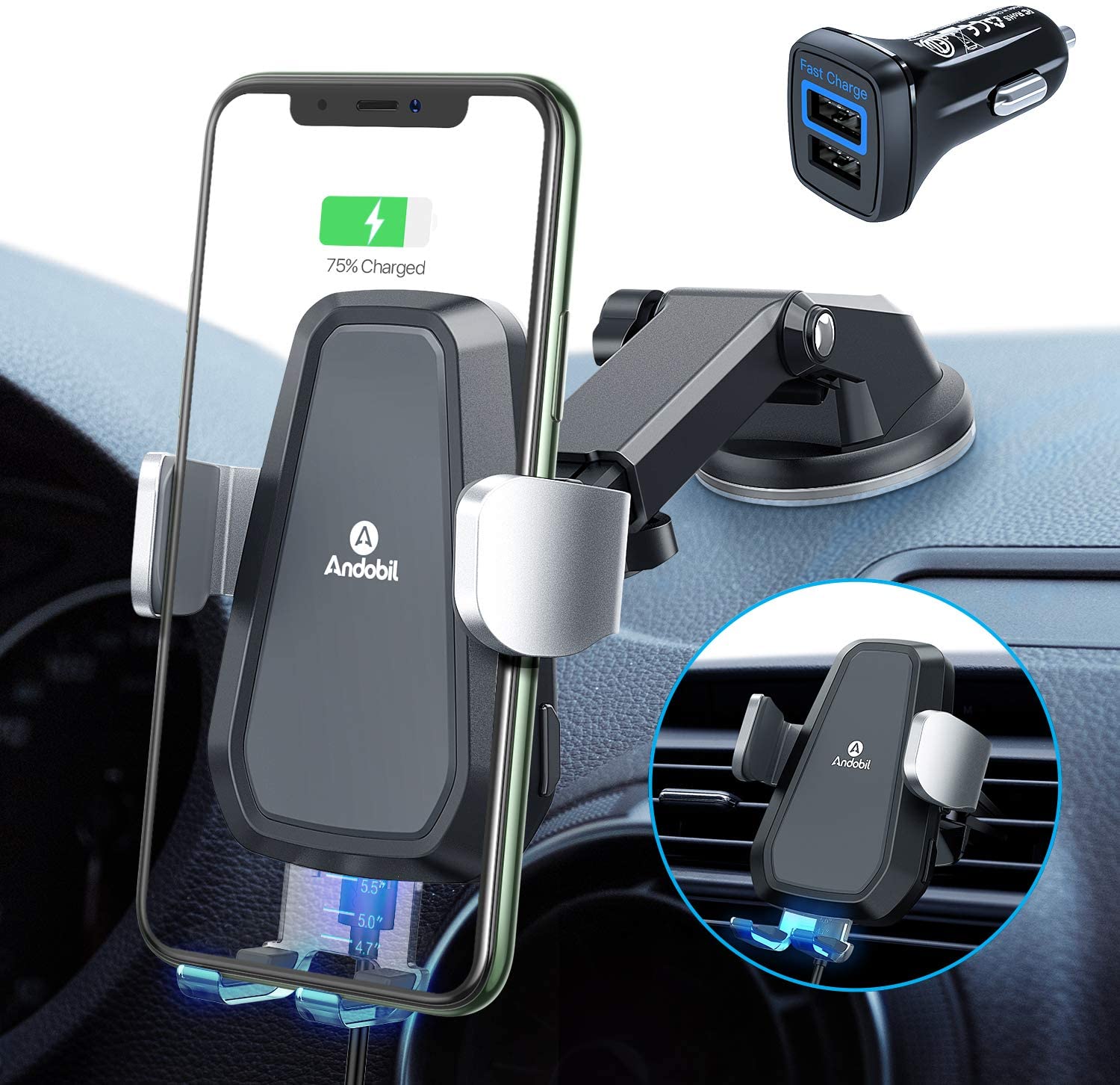 Andobil auto-clamping iPhone car mount + wireless charger. ($50)