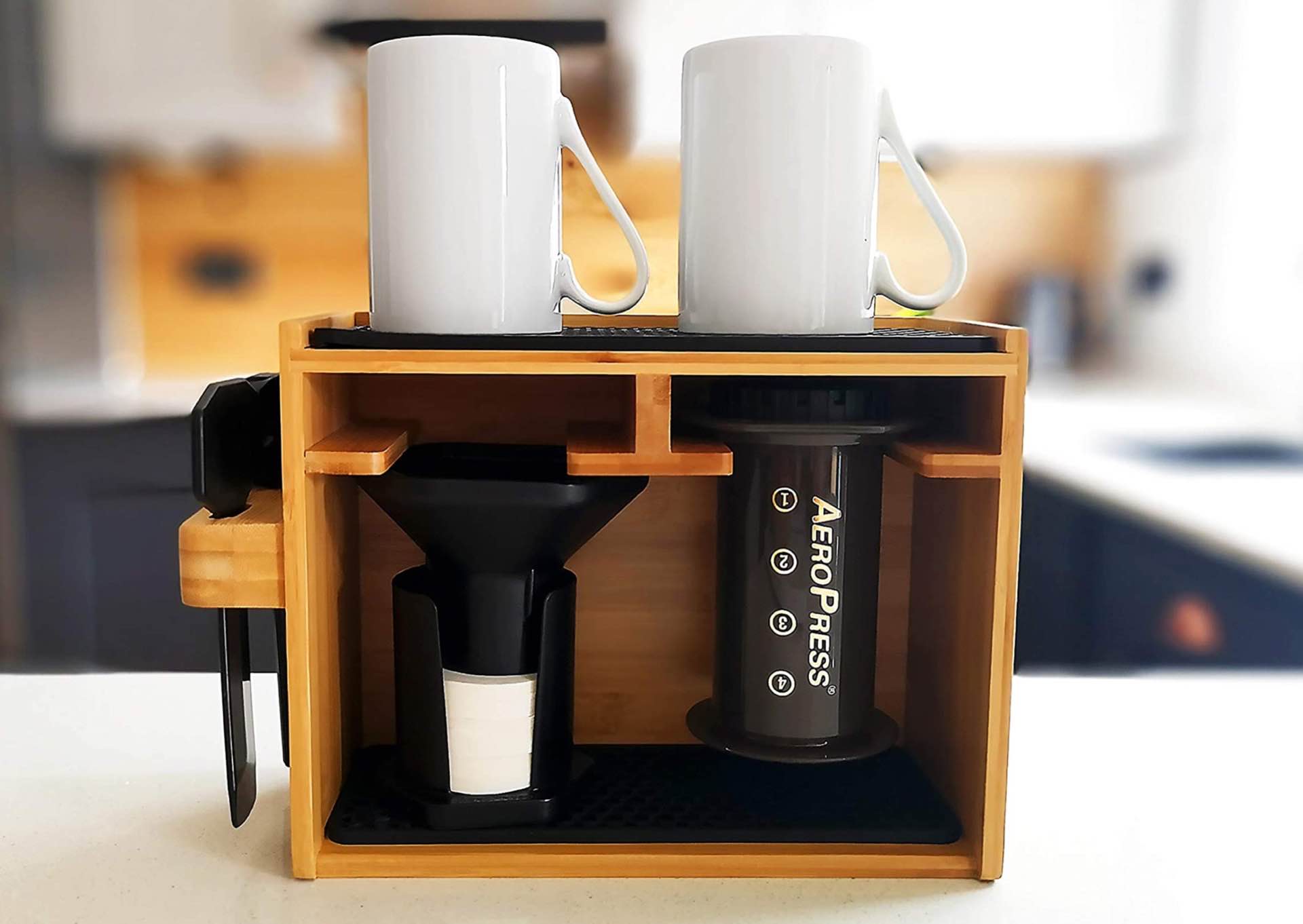 Hexnub bamboo organizer stand for the AeroPress. ($33)