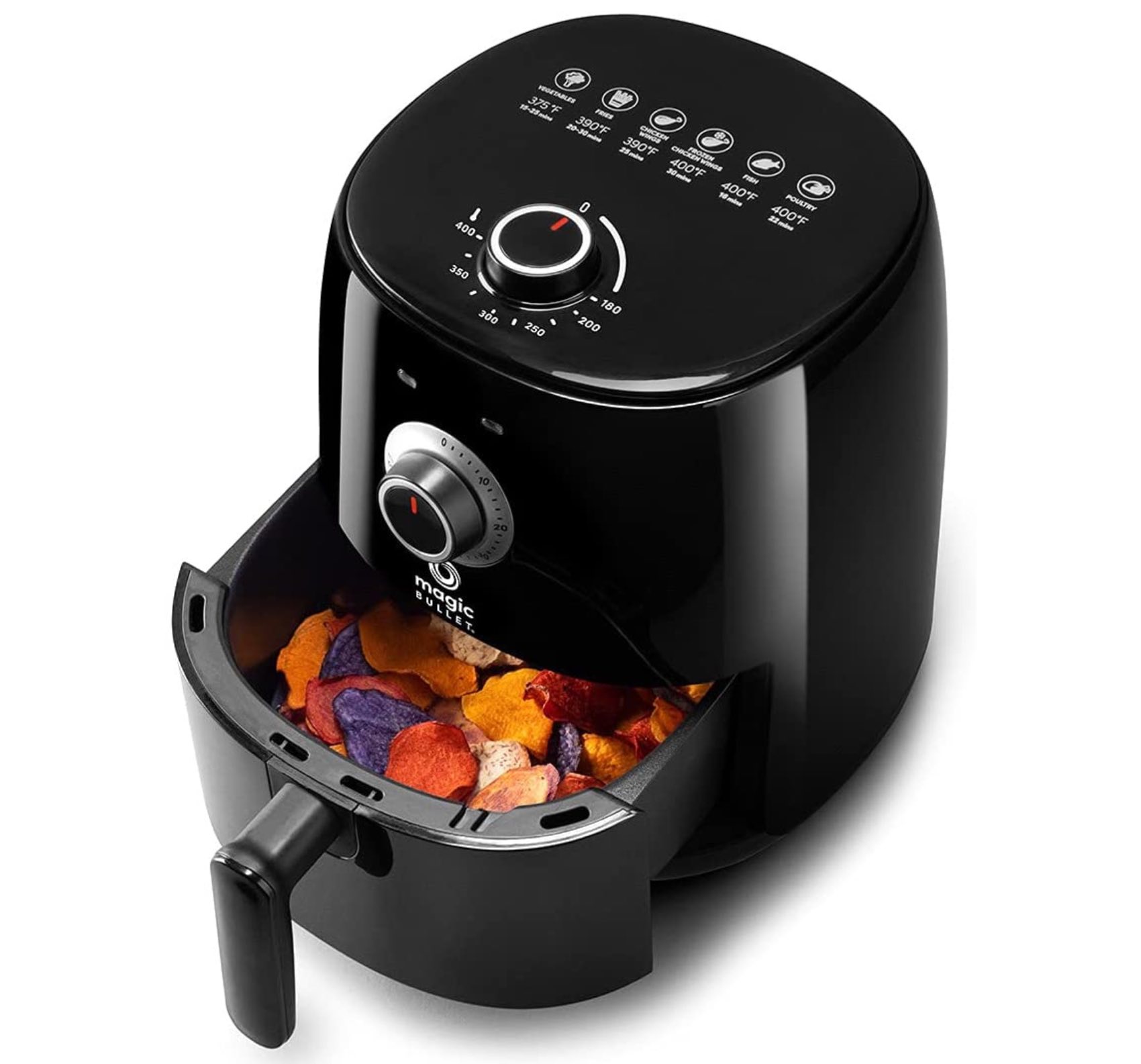 One nice touch is that the top of this air fryer has cooking guidelines for six common foods: veggies, fries, chicken wings, frozen chicken wings, fish, and poultry.