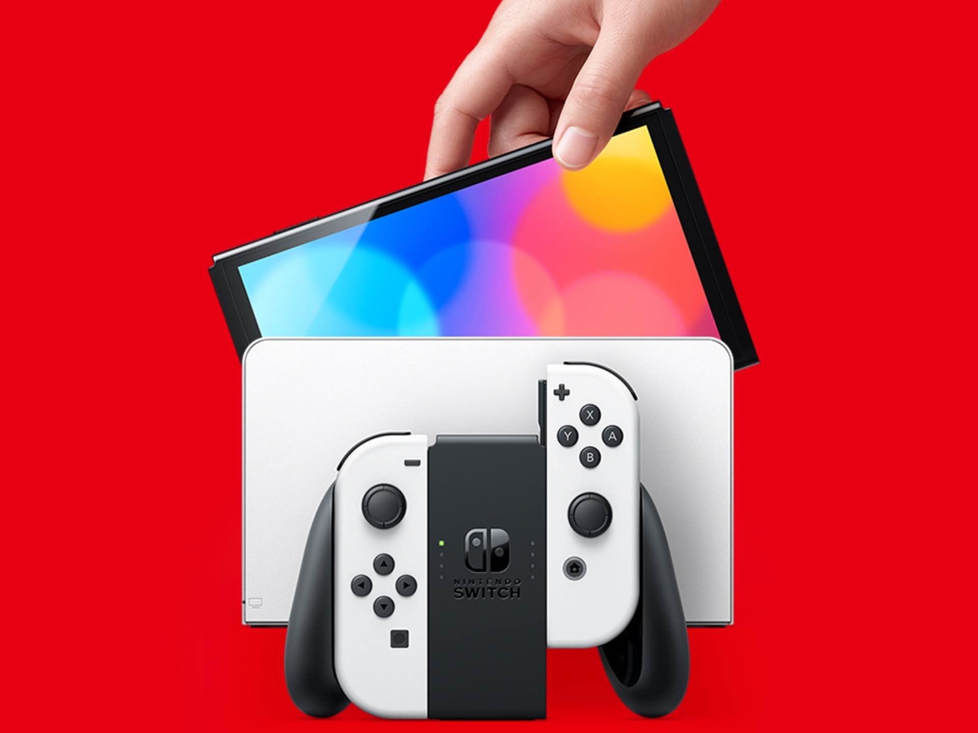 The new OLED-edition Nintendo Switch portable game console. ($350, available in white and classic neon blue + red)