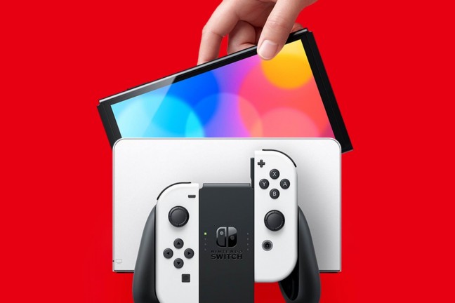 The new OLED-edition Nintendo Switch portable game console. ($350, available in white and classic neon blue + red)