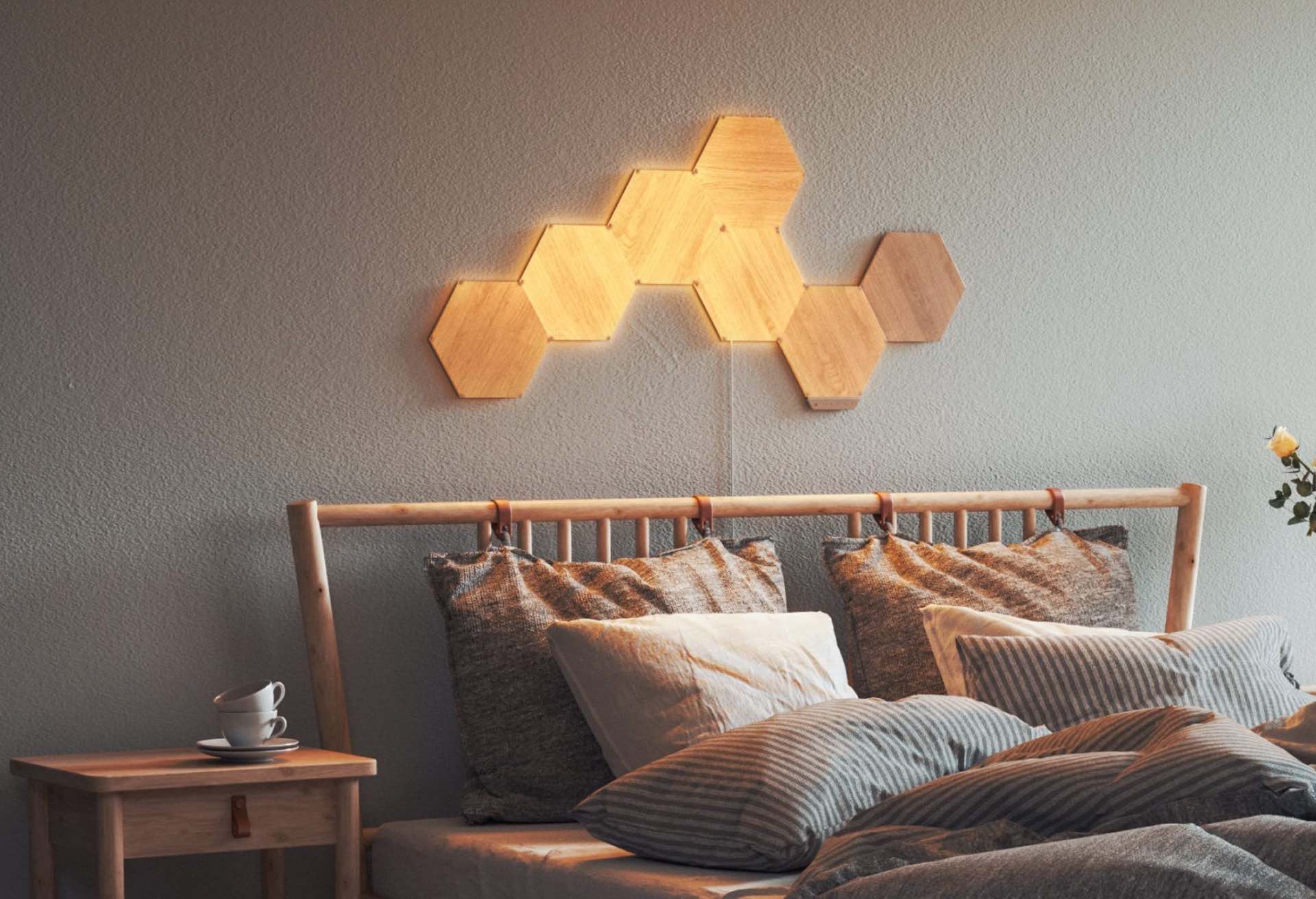 Nanoleaf Elements “Wood Look” smart light panels. ($200 for 7-panel starter kit, $380 for 13-panel bundle, or $70 for 3-panel expansion pack)