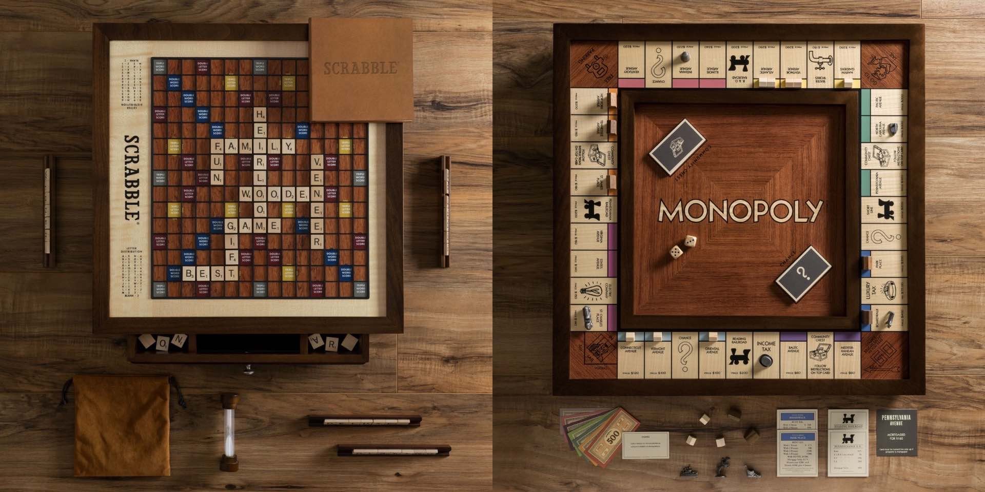Heirloom-edition Scrabble and Monopoly board games. ($350 each)