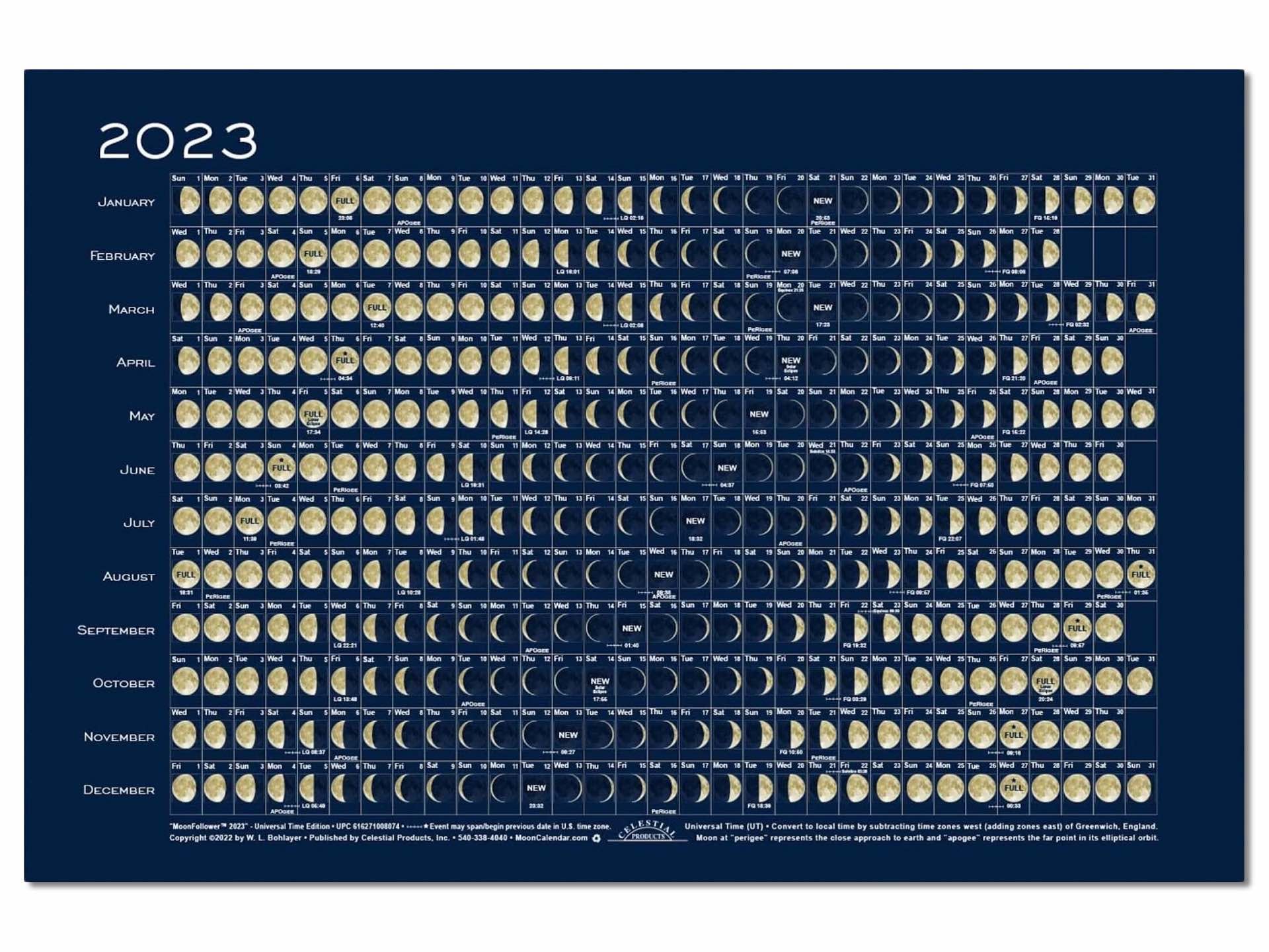 Celesial Products 2023 “MoonFollower” Lunar Phase Calendar