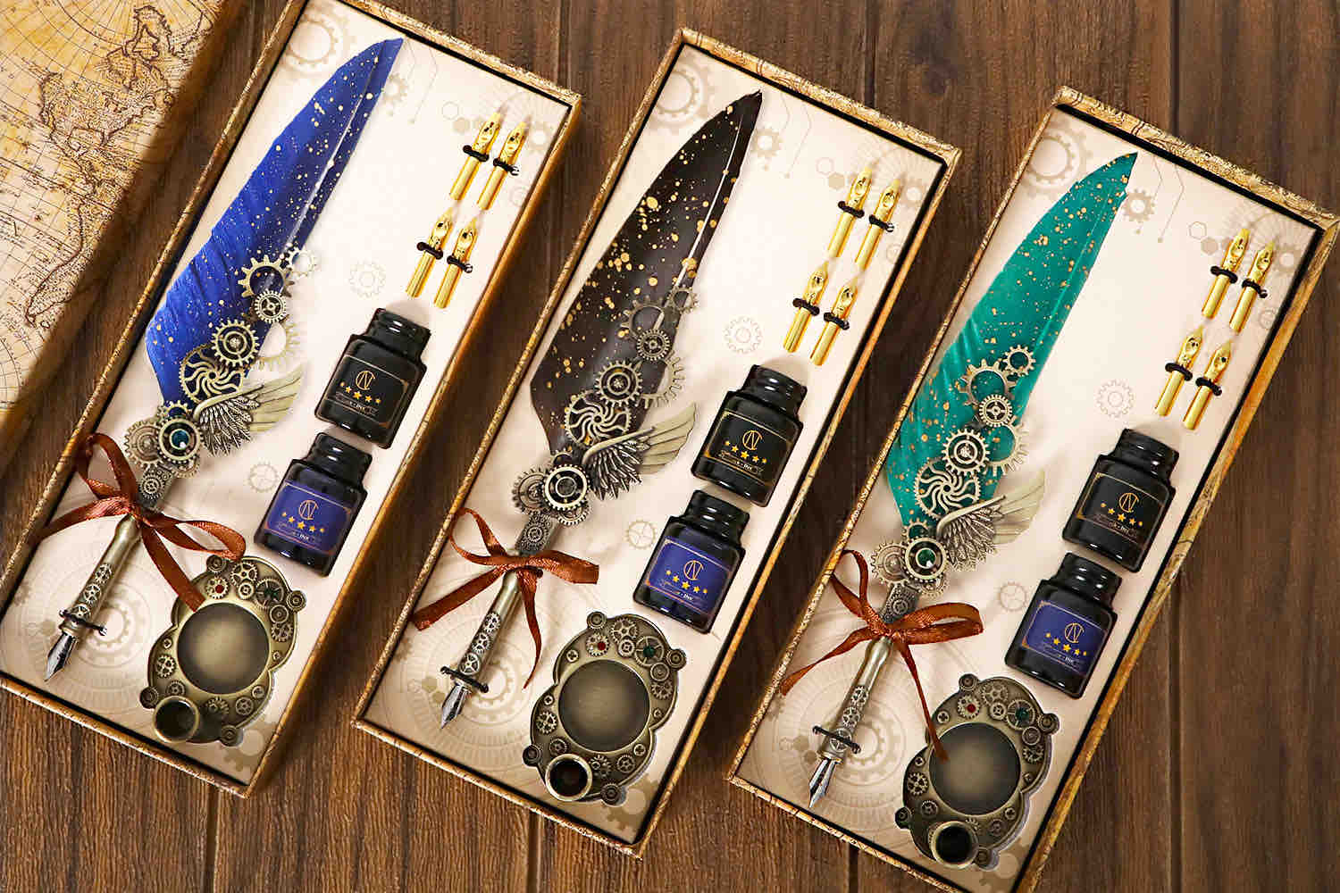 Funwr1Te Feather Pen and Ink Set, Steampunk Series